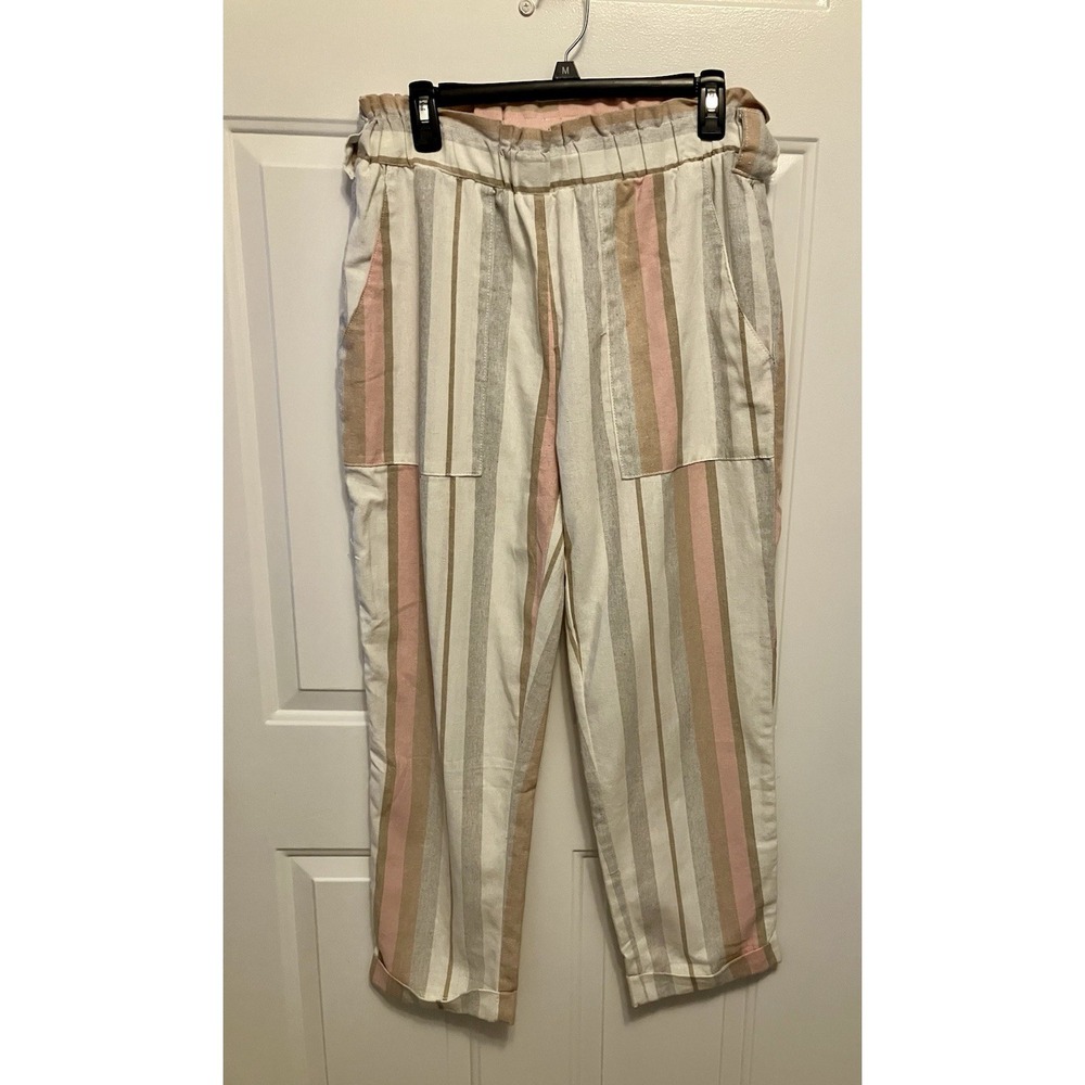 Ci Sono Linen Look Pants Sz Large White Striped Wide Leg Elastic Waist Women’s